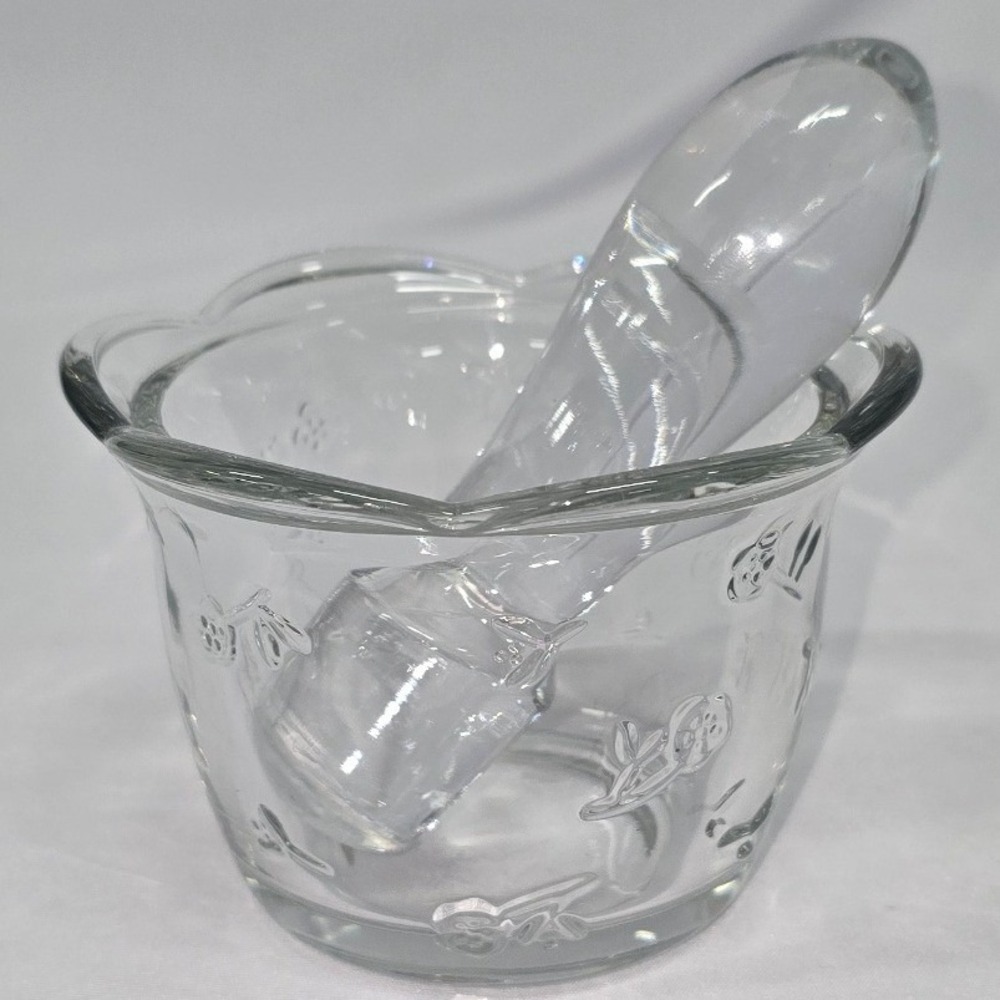 Vintage Clear Glass Mortar and Pestle Set Embossed Floral Scalloped Rim